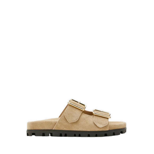 Alaia Buckled Suede Slides - Beige