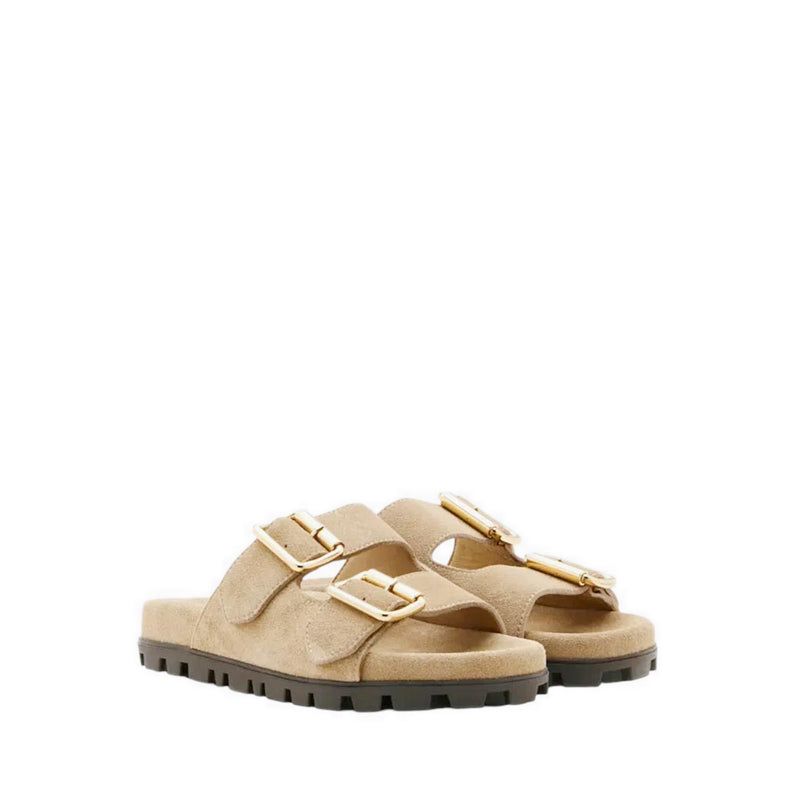 \Alaia Buckled Suede Slides - Beige