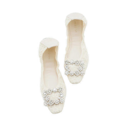 Alina Lace Diamante Foldable Flats - Beige