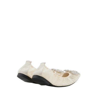 Alina Lace Diamante Foldable Flats - Beige