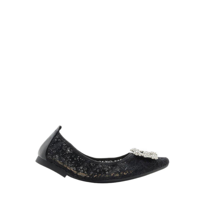Alina Lace Diamante Foldable Flats - Black
