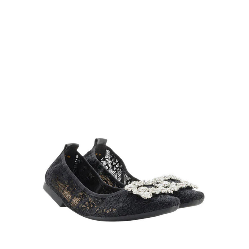 Alina Lace Diamante Foldable Flats - Black