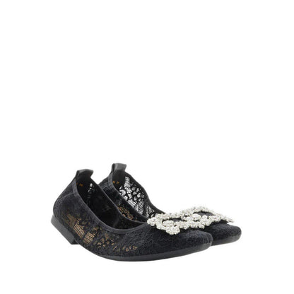 Alina Lace Diamante Foldable Flats - Black