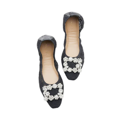 Alina Lace Diamante Foldable Flats - Black