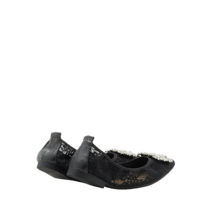 Alina Lace Diamante Foldable Flats - Black