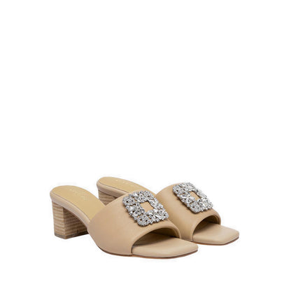 Pazzion Women's Florence Crystal Embellished Buckle Leather Sandal Heels - Beige