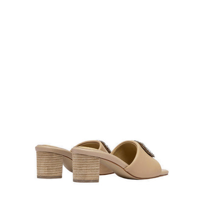 Pazzion Women's Florence Crystal Embellished Buckle Leather Sandal Heels - Beige