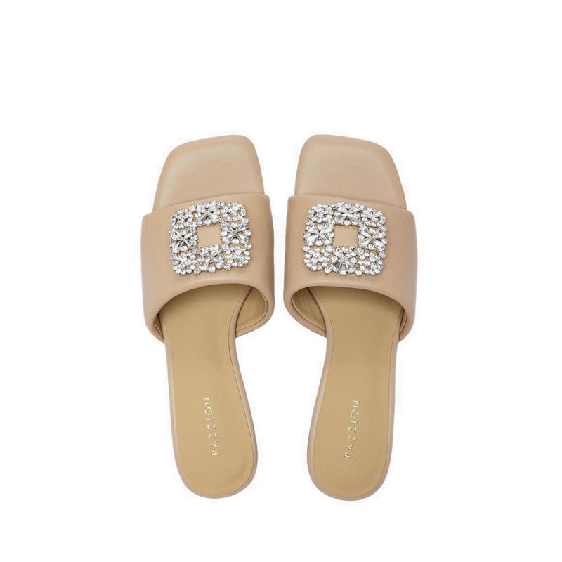 Pazzion Women's Florence Crystal Embellished Buckle Leather Sandal Heels - Beige