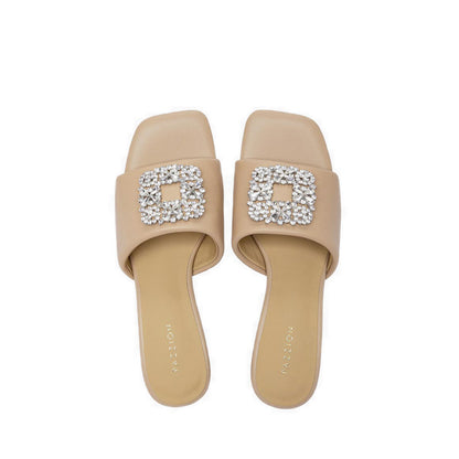 Pazzion Women's Florence Crystal Embellished Buckle Leather Sandal Heels - Beige