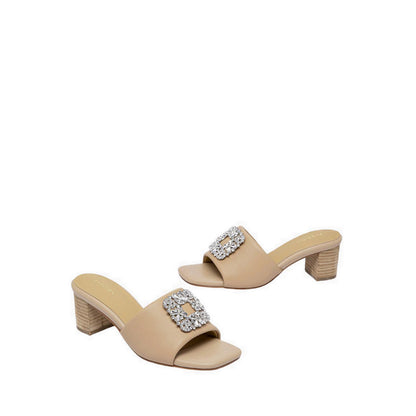 Pazzion Women's Florence Crystal Embellished Buckle Leather Sandal Heels - Beige
