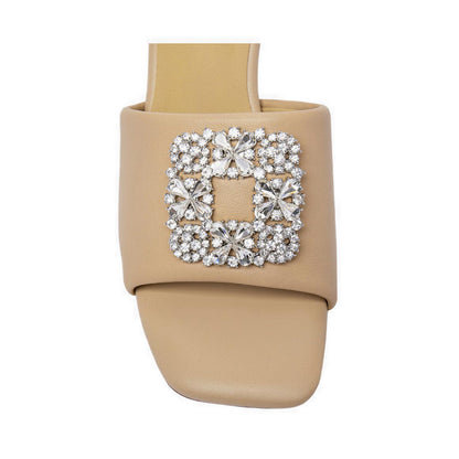 Pazzion Women's Florence Crystal Embellished Buckle Leather Sandal Heels - Beige