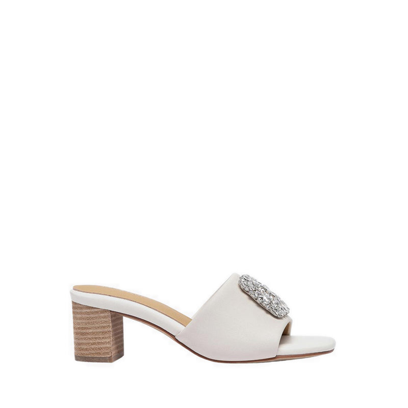 Pazzion Women's Florence Crystal Embellished Buckle Leather Sandal Heels - Beige