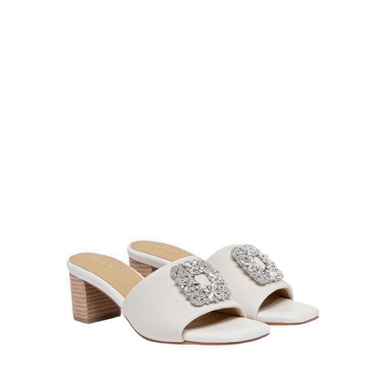 Pazzion Women's Florence Crystal Embellished Buckle Leather Sandal Heels - Beige
