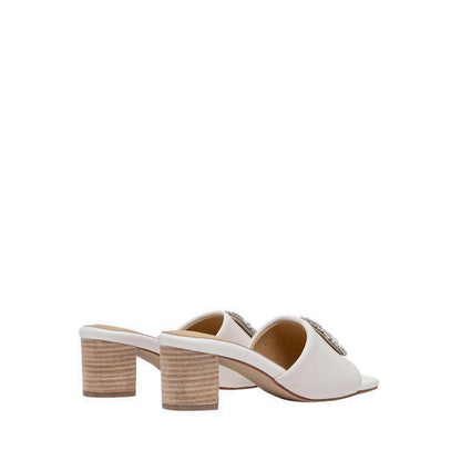 Pazzion Women's Florence Crystal Embellished Buckle Leather Sandal Heels - Beige