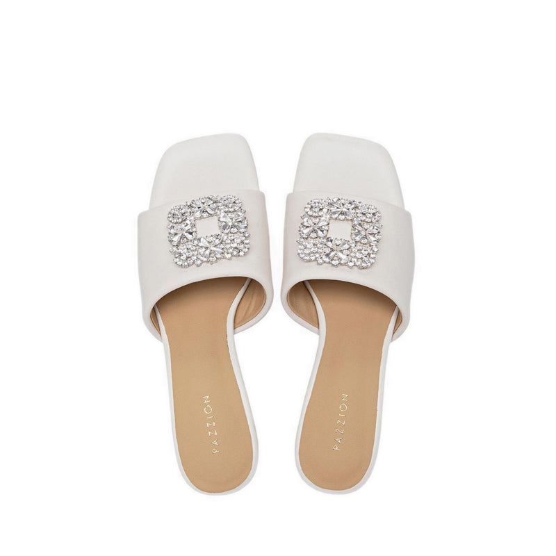 Pazzion Women's Florence Crystal Embellished Buckle Leather Sandal Heels - Beige