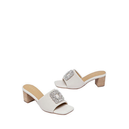Pazzion Women's Florence Crystal Embellished Buckle Leather Sandal Heels - Beige