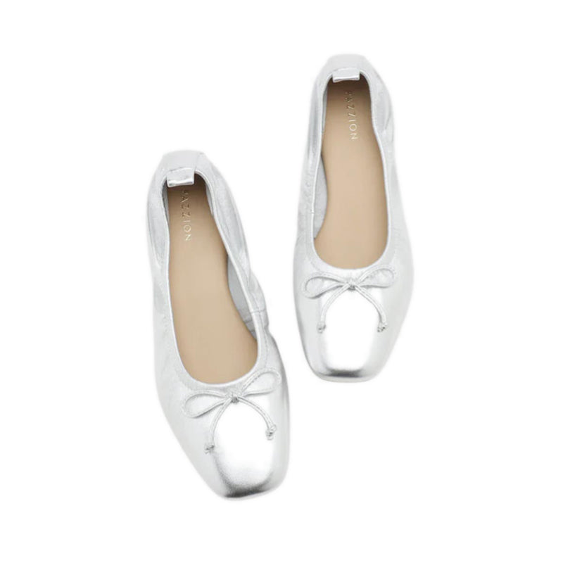 Gia Bow Square Toe Flats - Silver