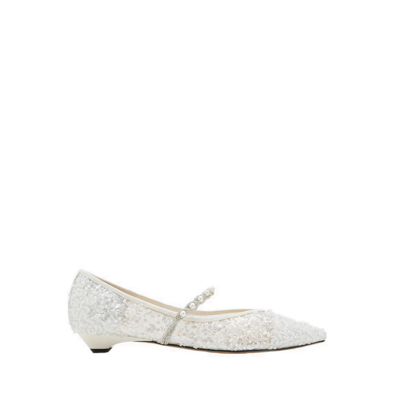 Jemima Embellished Mesh Pointed Toe Flats - White