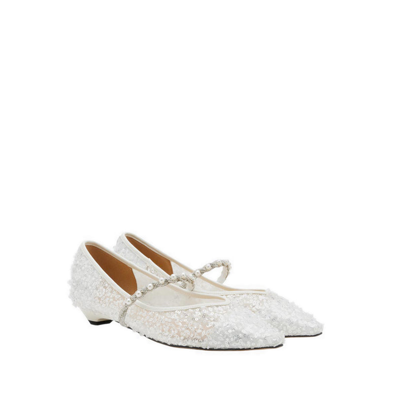 Jemima Embellished Mesh Pointed Toe Flats - White
