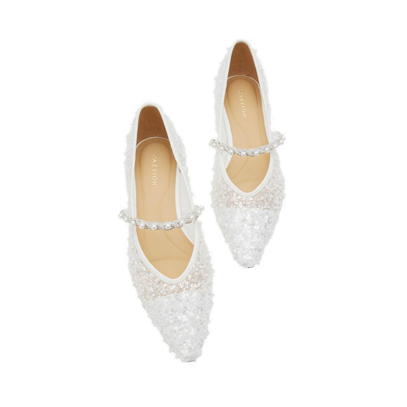 Jemima Embellished Mesh Pointed Toe Flats - White