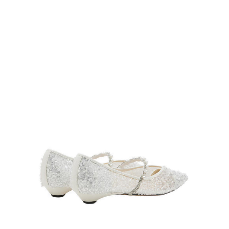 Jemima Embellished Mesh Pointed Toe Flats - White