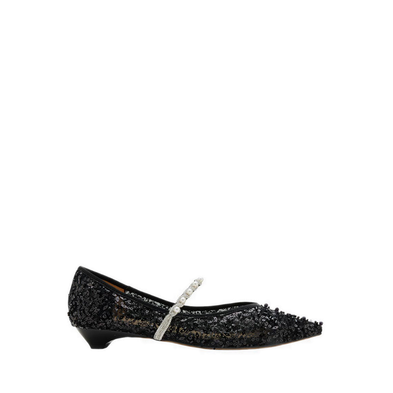 Jemima Embellished Mesh Pointed Toe Flats - Black