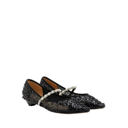 Jemima Embellished Mesh Pointed Toe Flats - Black