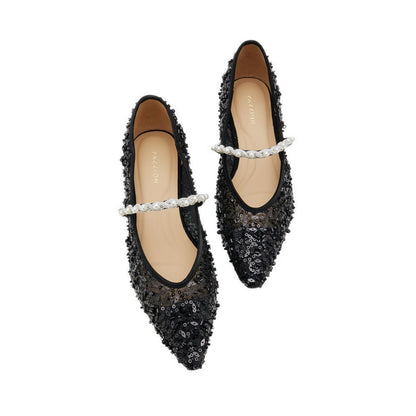 Jemima Embellished Mesh Pointed Toe Flats - Black