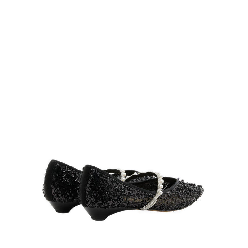 Jemima Embellished Mesh Pointed Toe Flats - Black