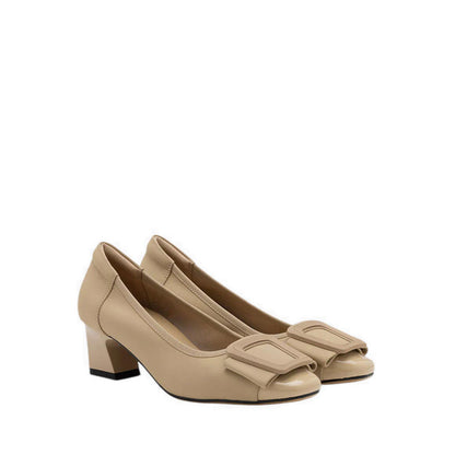 Penelope Elegant Buckle Block Heels - Beige