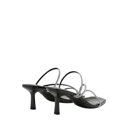 Stacey Strappy Silver Sparkly Open Toe Heels - Black