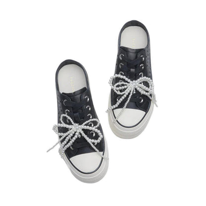 Wilhelmina Slip-on Pearl Bow Sneakers - Black